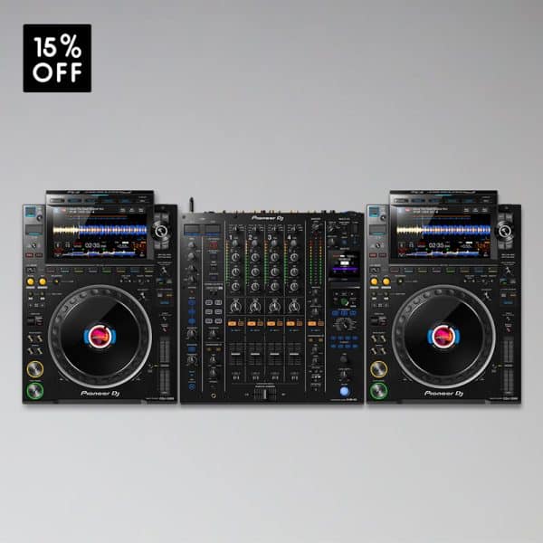 DJ-Bundle 02 | DJM A9 + CDJ 3000 auf grauem Hintergrund stehen zur Miete zur Verfügung.