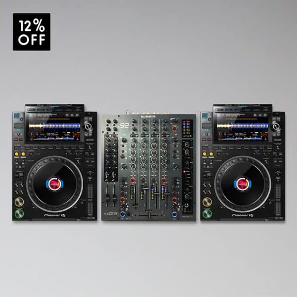 Zwei DJ-Bundle 04 | Xone:92 + CDJ 3000 zu vermieten auf grauem Hintergrund.